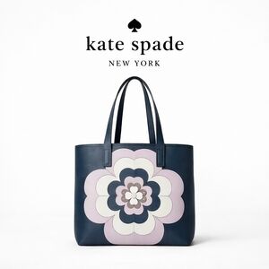 Kate Spade Reiley Flower Appliqué Large Tote Navy Lavender White Floral Saffiano